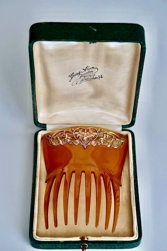 Art Nouveau 14K Gold Heart Fuchsia Flower Hair Com