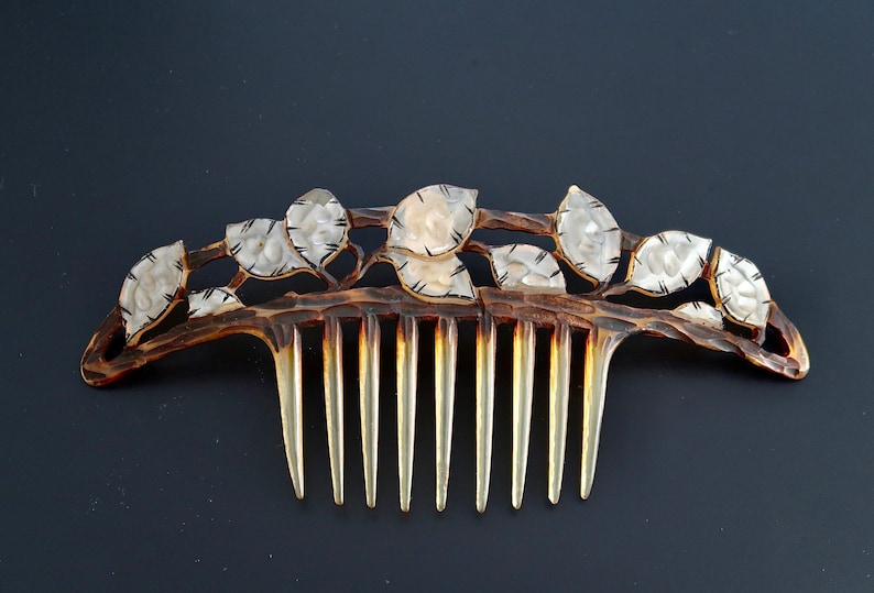 Art Nouveau Elisabeth Bonté GIP Flamand Style Honesty Seeds Horn Hair Comb, Antique French Carved Horn Comb, Bridal Comb, Naturalistic Comb image 3