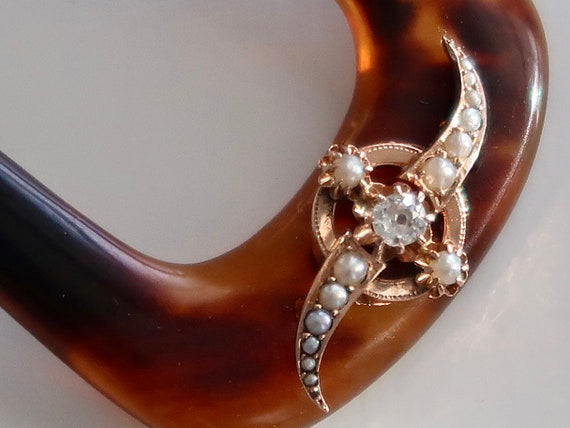 Art Nouveau 14K Rose Gold Diamond Pearl Hair Pin,… - image 5