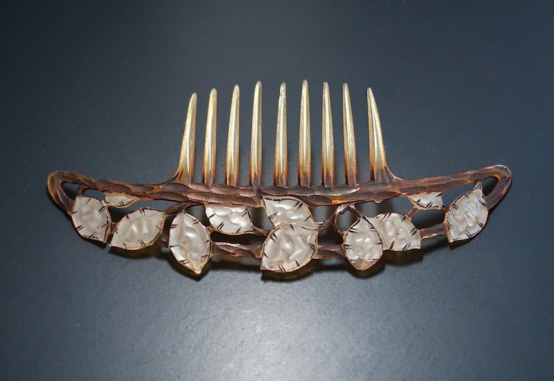 Art Nouveau Elisabeth Bonté GIP Flamand Style Honesty Seeds Horn Hair Comb, Antique French Carved Horn Comb, Bridal Comb, Naturalistic Comb image 1