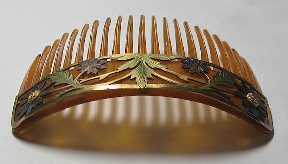 Art Nouveau Color Flowers Metal Overlay Hair Comb… - image 10