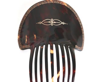 Antique Victorian Greek Key Gold Piqué Hair Comb