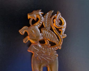 French Art Nouveau Chimera Griffin Carved Horn Hair Comb