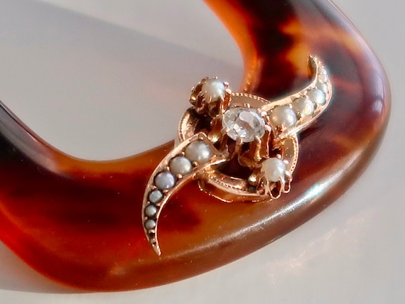 Art Nouveau 14K Rose Gold Diamond Pearl Hair Pin,… - image 1