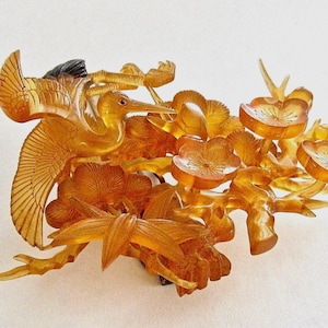 Antique Japanese MEIJI Kanzashi Bridal Hair Ornament Carved Crane Plum Flowers
