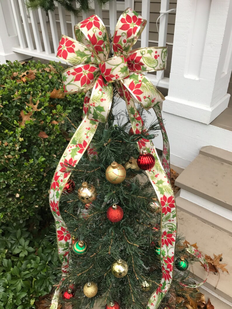 Small Christmas Tree Topper Bow With Long Tails Poinsettia Etsy