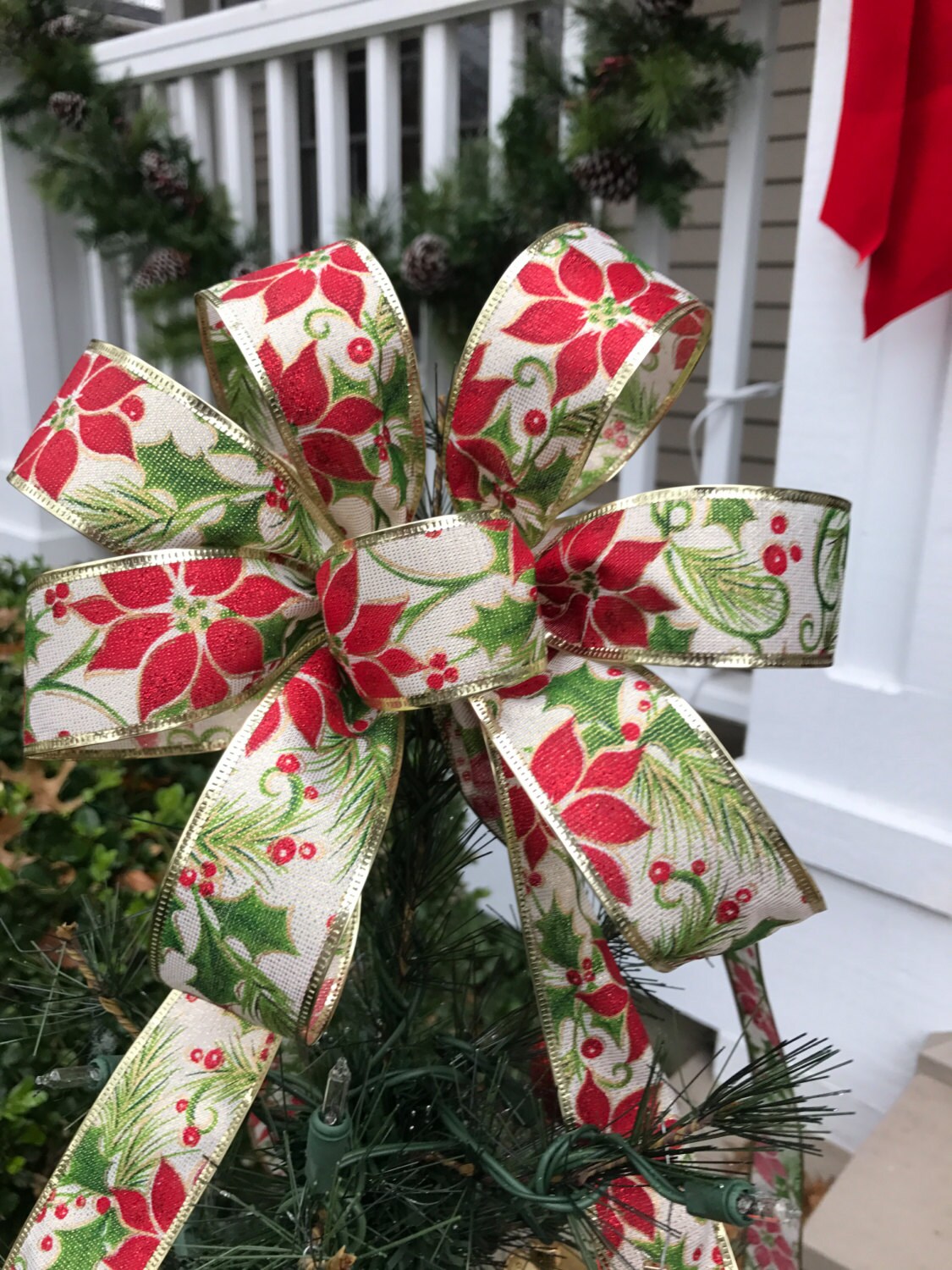 Small Christmas Tree Topper Bow With Long Tails Poinsettia Etsy