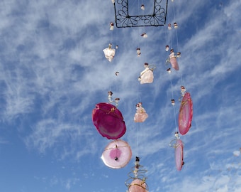 WindChime "La VIE EN ROSE, gemstone hanging, Pink Agate, Rose Quartz, Spiritual Gifts
