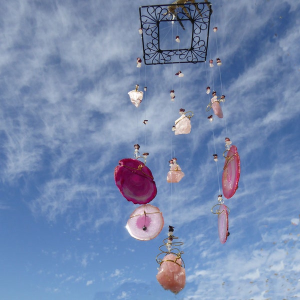 Mobile "La VIE EN ROSE", mobile en pierre, Agate, Quartz Rose, Suspension musicale, déco jardin