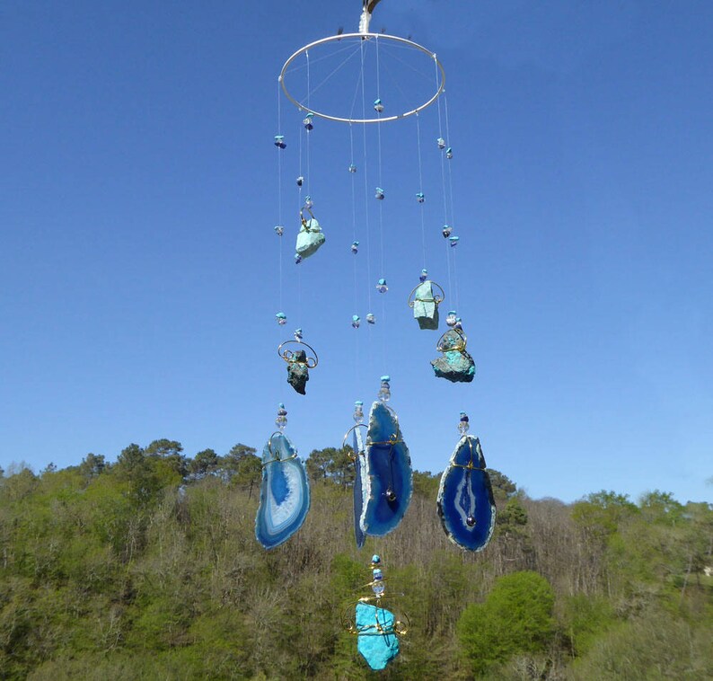 Blue Wind Chime PEACE, Spiritual Decor, Gemstone Art, Chakra Hanging