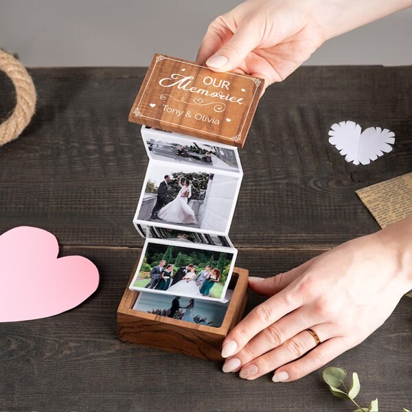 Pull Out Photo Album, Personalised Wooden Photo Box, Valentines Memory Collection Gift for Him, Wooden Photo Frame, Gift For Her