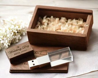 Personalized Crystal Wooden USB Drive in Walnut/Maple Box, Wooden Memory Box, Personalized Wedding USB, Gift For Him