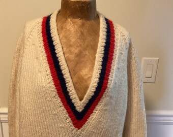 Varsity Style Hand Knit Unisex Wool Sweater Vee Neck