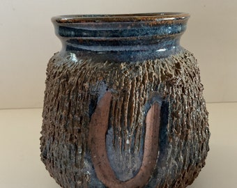 Vintage Brutalist Vase Signed AT Textured Naturalistic Studio Art Pottery