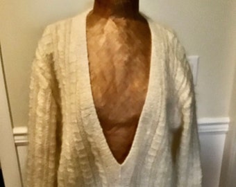 Hand Knit Mohair Sweater Deep V-Neck Retro