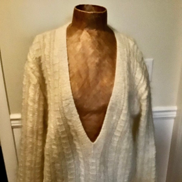 Hand Knit Mohair Sweater Deep V-Neck Retro