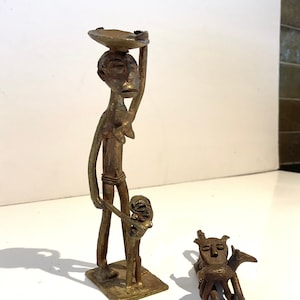 African Ashanti Brass Mother & Child Cat With Bird Tribal