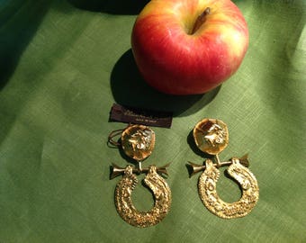 Vintage Italian Designer Chunky Gold Tone Earrings Maria Pia de la Feld Etruscan