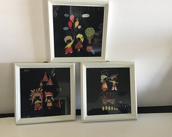 Three Embroidered Pictures Children Nursery Hand Made Wall Art