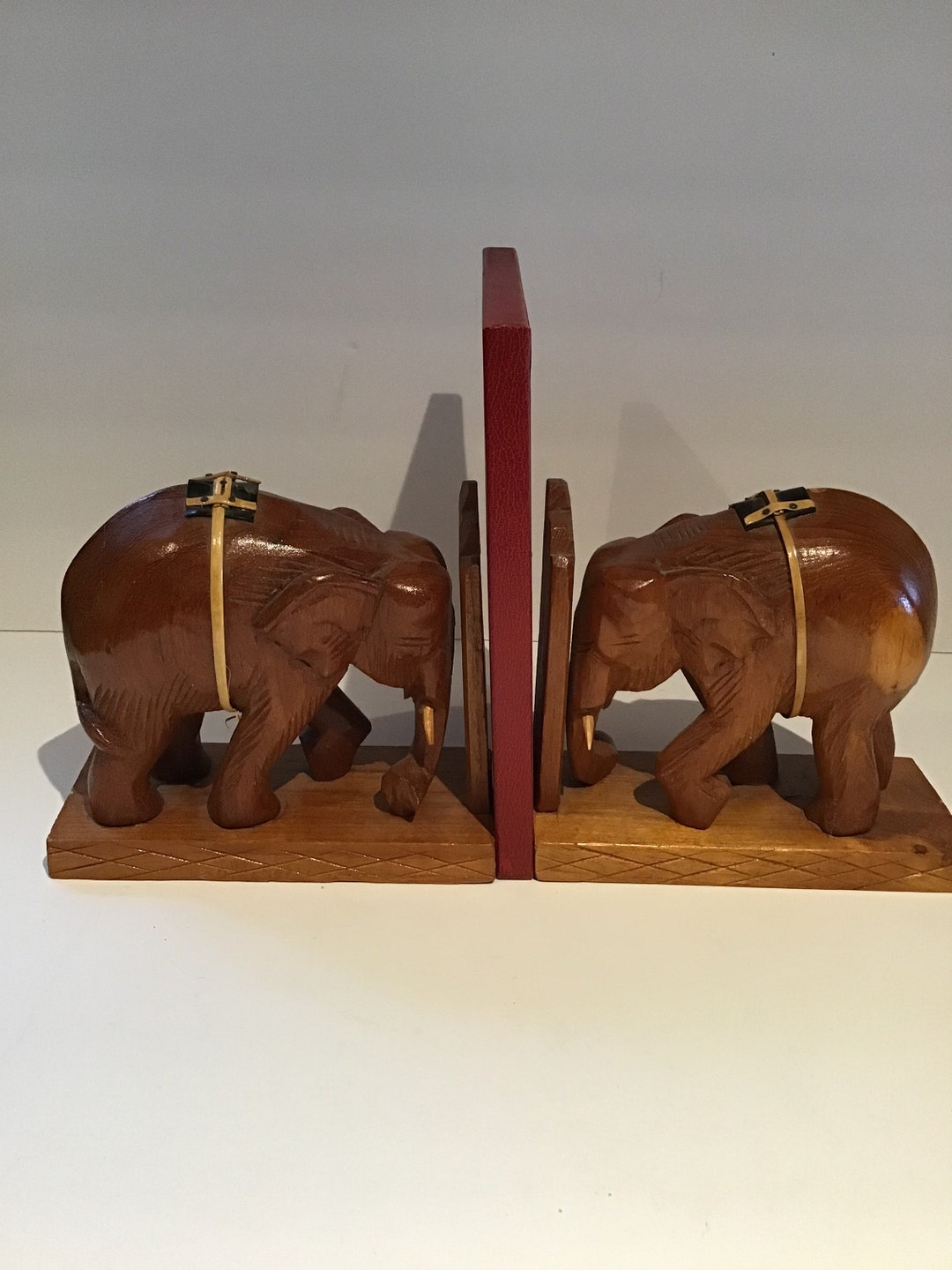 Vintage Elephant Bookends Carved Wood W. Saddles Etsy
