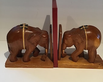 Vintage Elephant Bookends Carved Wood w. Saddles