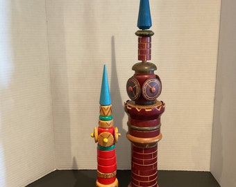 Vintage Russian Folk Art (USSR) Stacking Clock Towers (2) Child’s Toy