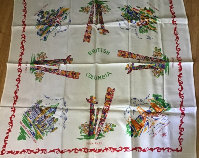 Vintage Alaska Tablecloth, Souvenir Cotton Print 47 x 49