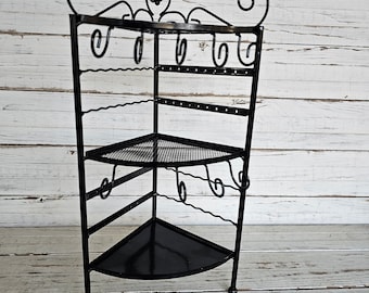 3 Tier Metal Jewelry Display - Triangle Shaped Jewelry Stand - Earring, Necklaces and Ring Holder - Shiny Black Metal - Multiple Hooks