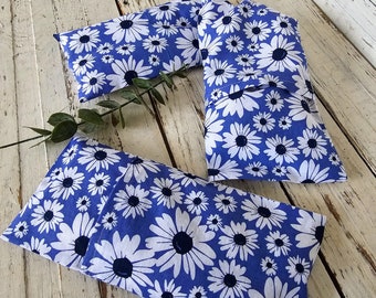 Free Ship Festive Blue Daisies Flaxseed Pillow Eye and Neck - Removable Cover - Post Op Support - Cold Hot Pack Lavender Peppermint Scent