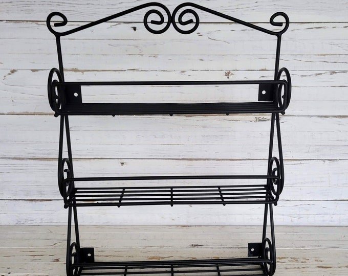 Vintage 3 Shelf Wrought Iron Spice Rack Antique Black Metal Spice Rack