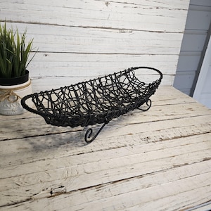 Black Metal Primitive Vintage Vine Basket - Fruit Basket - Long Basket - Oversized Table Basket - Country Charm - Grapevine Basket on Footed