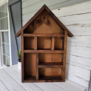 Vintage Large Wooden Knick-Knack Shelf Shaped Like a House - Multiple Cubbies to Display Trinkets - Multiple Shelves - Multiple Size Spaces