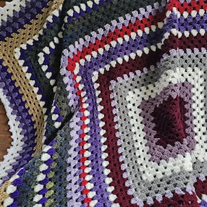 Handmade Rich Multi-Colored Crochet Throw: Pink, Grey, Blue, Brown, Maroon Vintage Lap Blanket