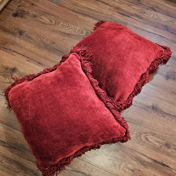 Set of Red Square Chenille Pillows with Fringe -Decorative 18 inch Square