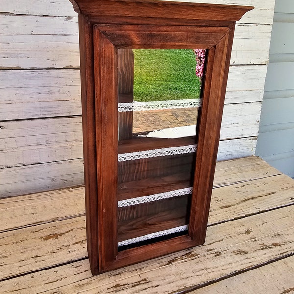 Vintage Wooden Wall Cabinet with 4 Shelves - Display Cabinet - Wooden Cabinet with Removable Glass Front - Petite 4 Shelf Curio Cabinet