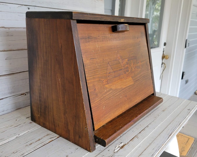 Tall Vintage Bread Box With Shelf Door Drops Down Etching on the Front