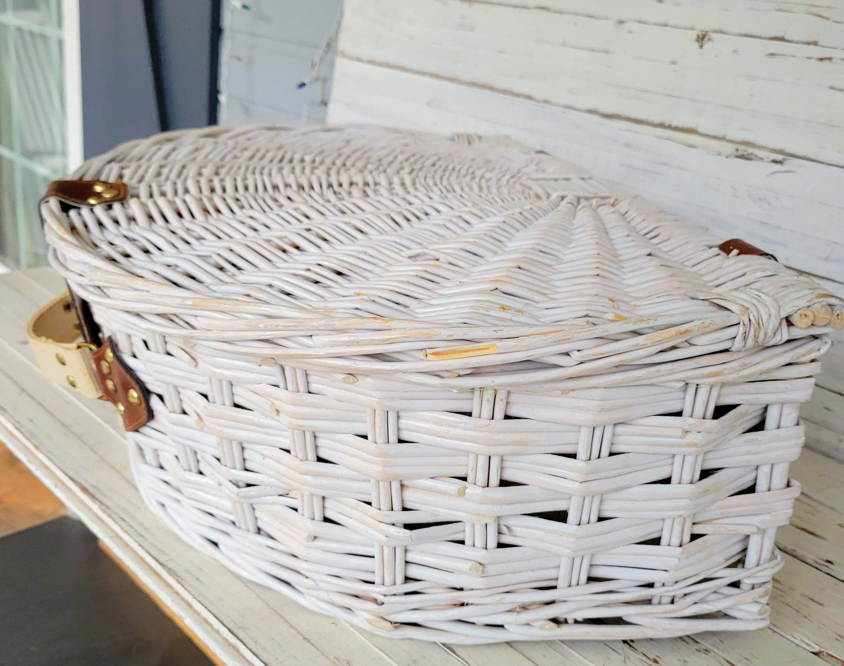 Large White Wicker Picnic Basket Complete With Plates and Etsy