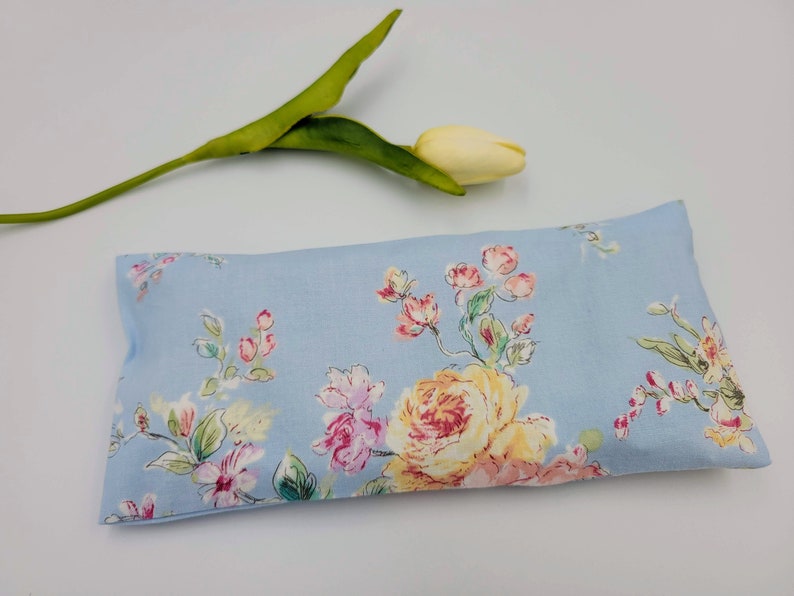 Eye Pillow Cotton Flaxseed Blue w/Flower-Yoga Tools Headache Help Aromatherapy-Removable Cover-Warm Cold Compress Teacher Gift Yoga Gift Chrysanthemums