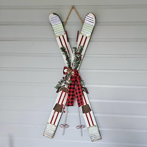 Decorative Wall Skis - Holiday Decor - Thin Long Wooden Skis with Poles - Painted Red and White - Hanging Wall Skis - Door Holiday Decor