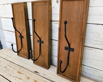 Wood Wall Blcoks with Metal Hooks for Hanging - 3 Wooden Bases with Thin Black Metal  Hooks -  Wooden Rustic Farmhouse Towel Hooks - Coat