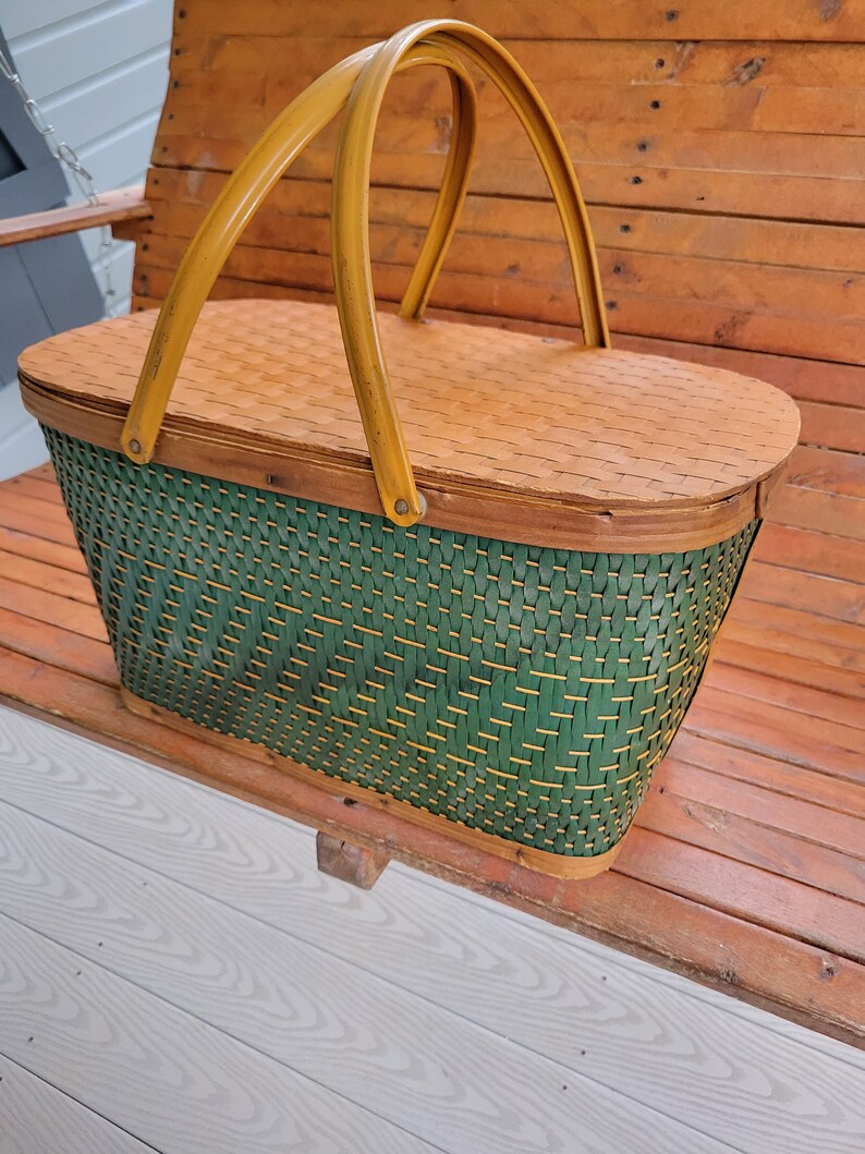 Vintage Green Redmon Wicker Picnic Basket Vintage Burlington Etsy