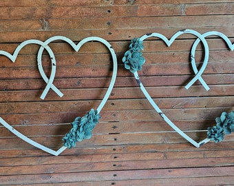 Large Decorative Metal Hearts - Set of 2 - White hearts with Teal Flowers - Wedding Decor - Wall Hangings - White Distressed interlocking