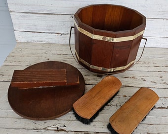 Unique Vintage Shoeshine Groomer Carrier and Brushes - Shoe Shine Box - Wooden Circular Box - Metal Handle