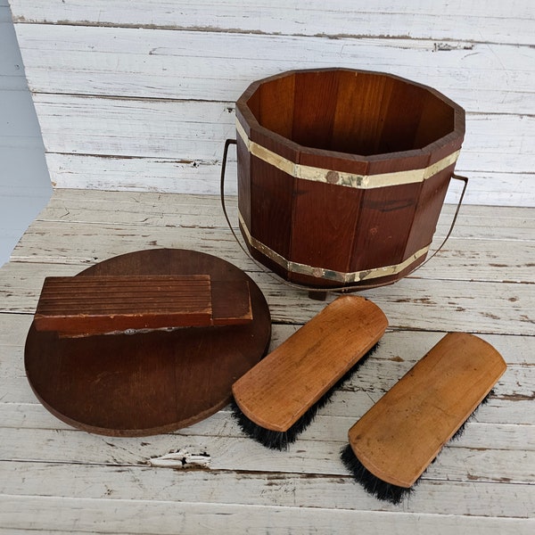 Unique Vintage Shoeshine Groomer Carrier and Brushes - Shoe Shine Box - Wooden Circular Box - Metal Handle