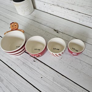 Gingerbread Stackable Measuring Cups - Holiday Themes - Red and White Measuring Cups - 1/4, 1/3, 1/2 and 1 Cup