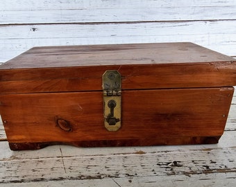 Vintage Wooden Box - Lined with Green Material - Loop on Front to Lock - Small Lock with Key included - Simple Wooden Storage Box