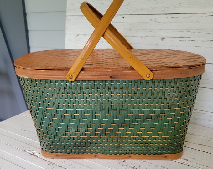 Vintage Green Redmon Wicker Picnic Basket Vintage Burlington Basket Co