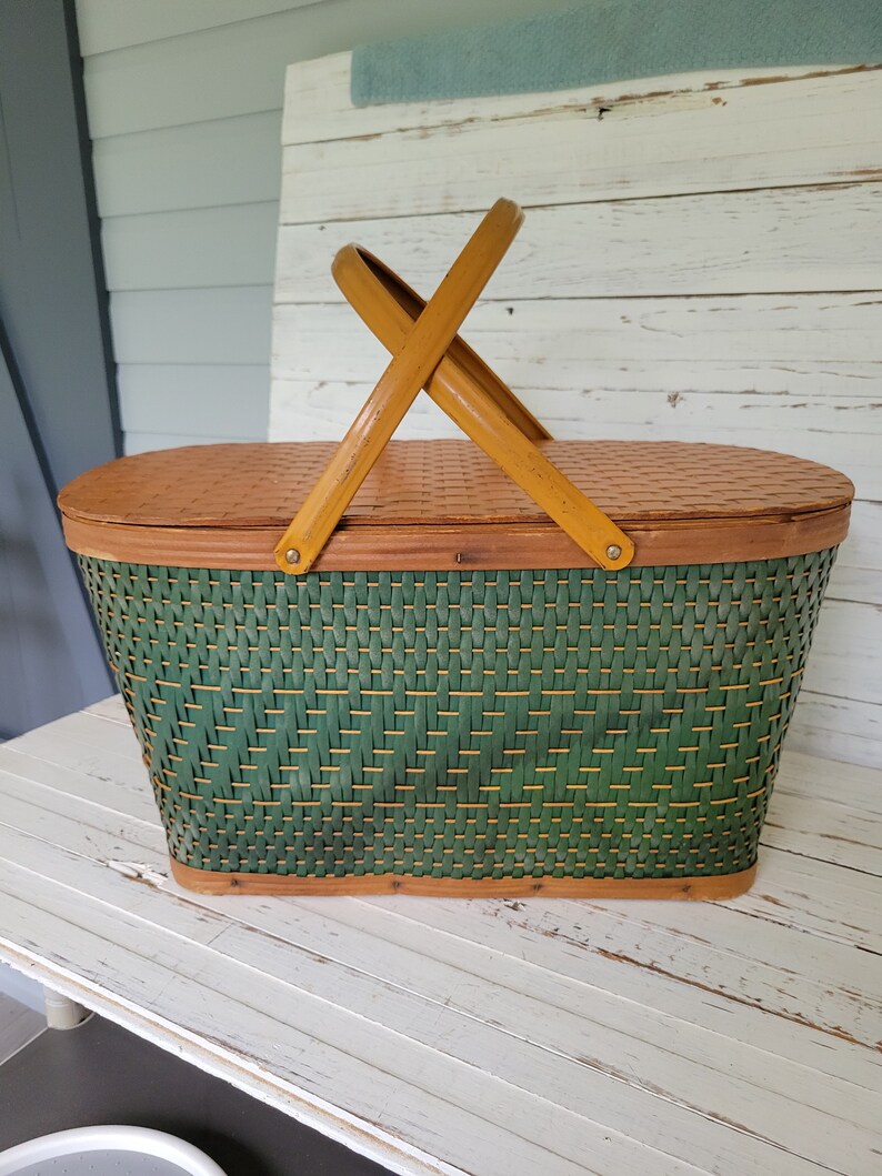 Vintage Green Redmon Wicker Picnic Basket Vintage Burlington Etsy
