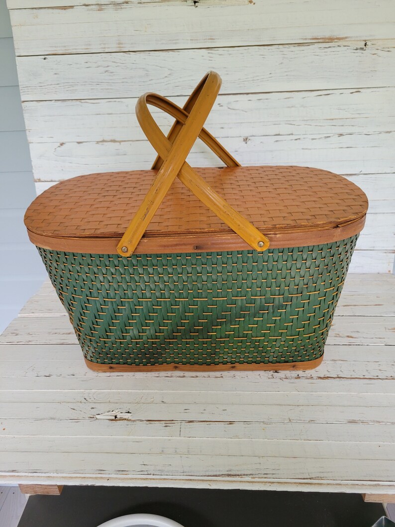 Vintage Green Redmon Wicker Picnic Basket Vintage Burlington Etsy