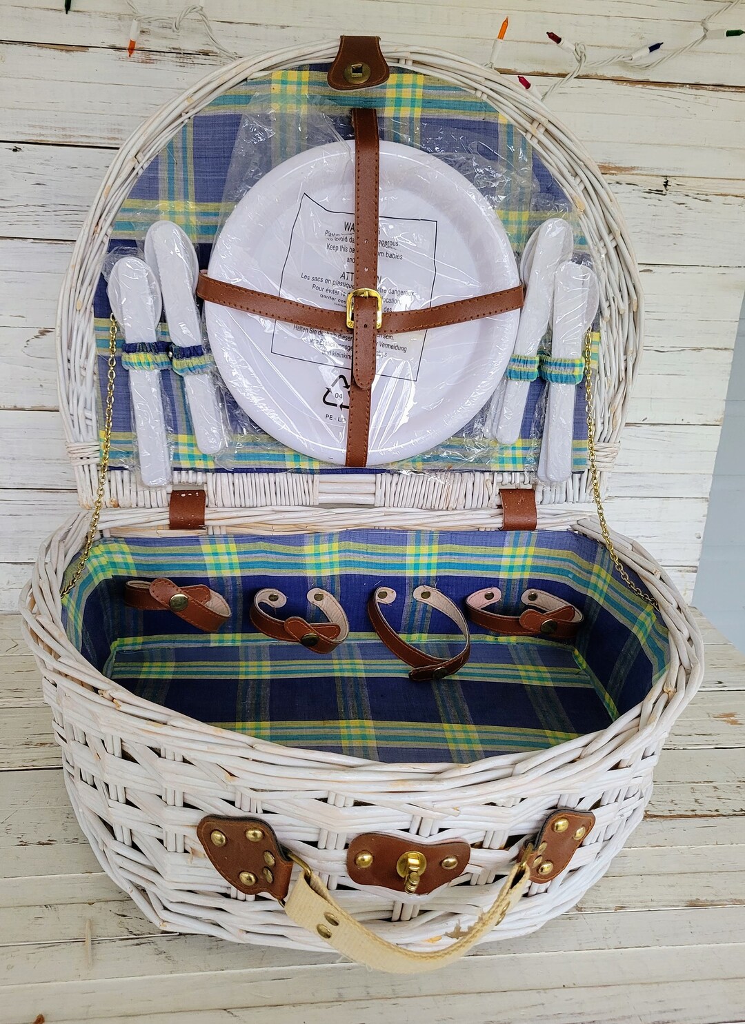 Large White Wicker Picnic Basket Complete With Plates and Etsy